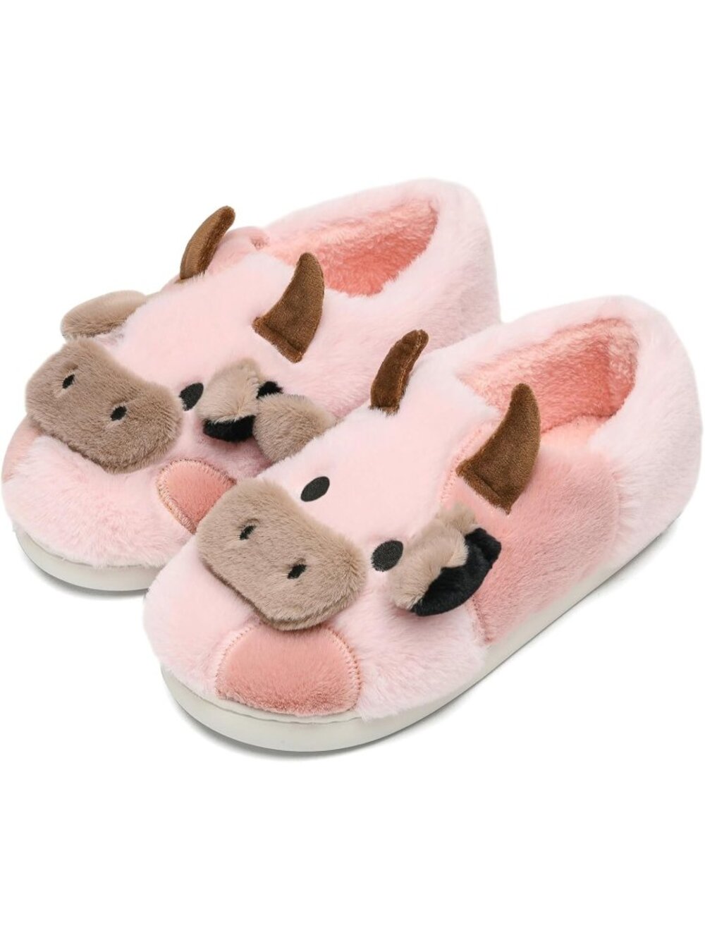 Women's Pink 1 Fluffy Cute Cozy Cartoon Fuzzy Cow Polyester Indoor Slippers